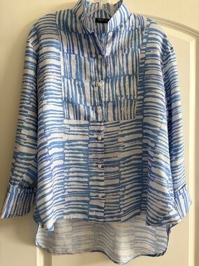 Contemporary Linen Shirt, XL, Blue and White, APNY